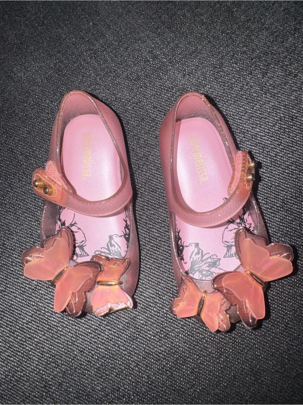 Mini Melissa Glitter Pink Jelly Mary Jane Sandals with Butterfly Embellishments